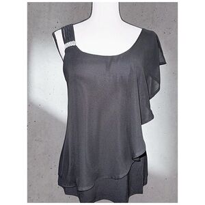 ELEGANT BLACK ASYMMETRICAL TOP WITH A BAND OF RHINESTONES ON THE SHOULDER